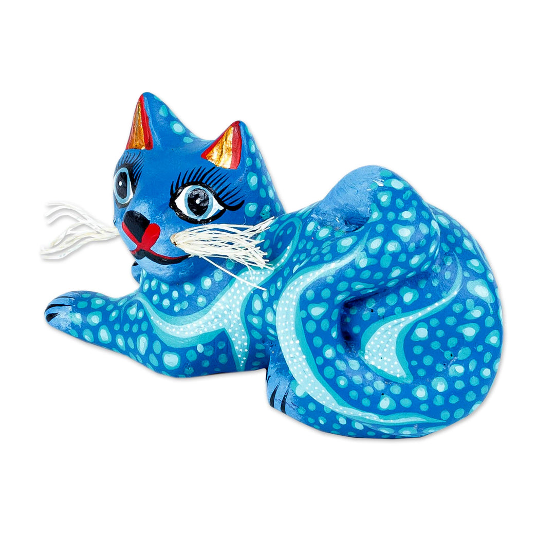 Blue and Turquoise Whiskered Cat Alebrije from Oaxaca - Blue Pouncing Cat