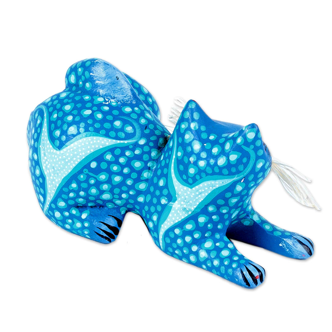 Blue and Turquoise Whiskered Cat Alebrije from Oaxaca - Blue Pouncing Cat