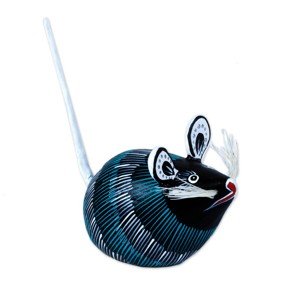 Turquoise and Black Mouse Alebrije Figure Signed by Artisans - Little Black Mouse Perez