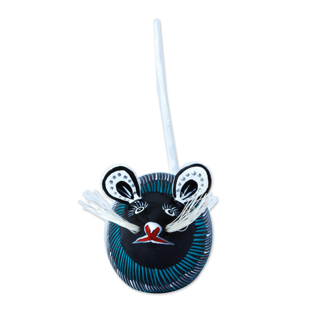 Turquoise and Black Mouse Alebrije Figure Signed by Artisans - Little Black Mouse Perez