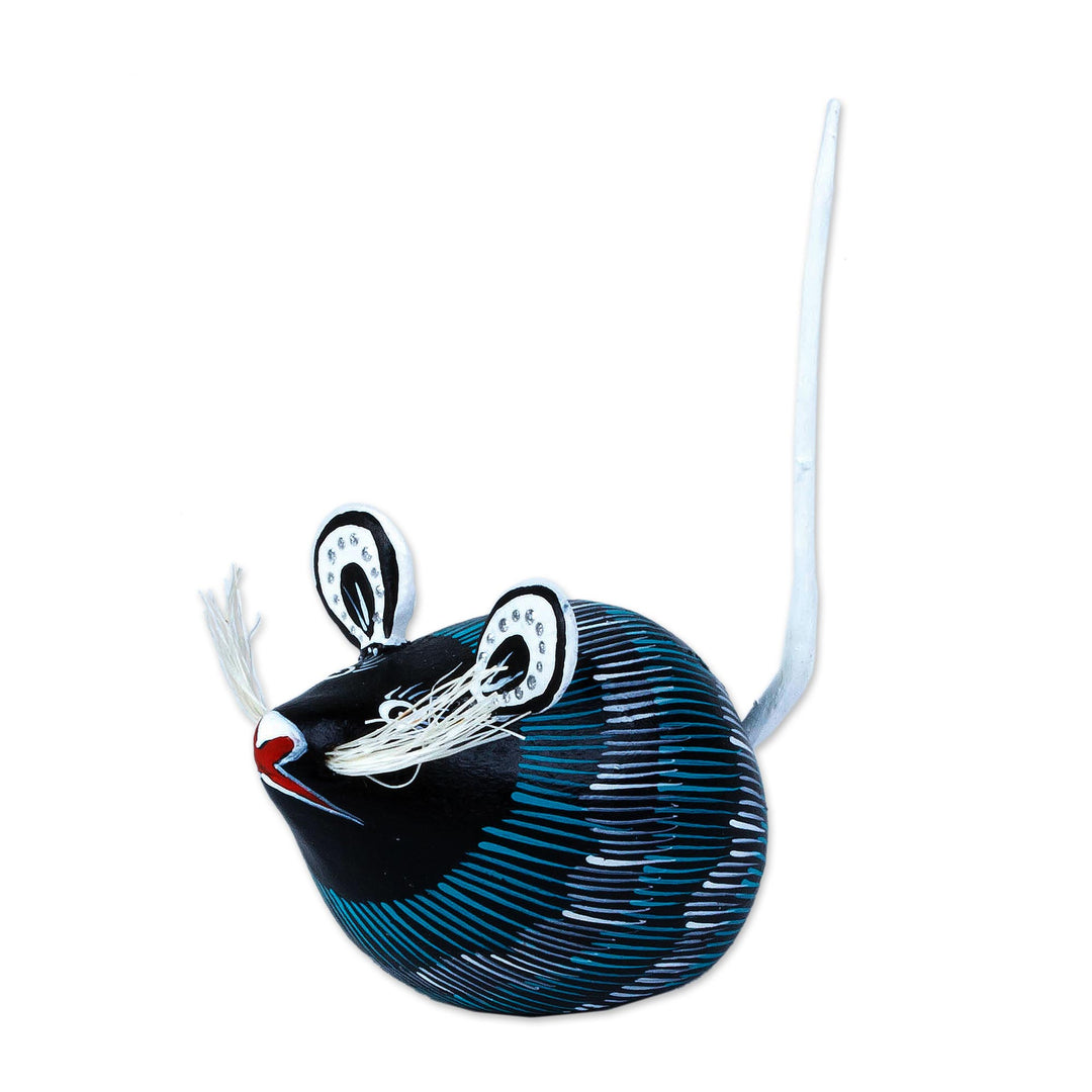 Turquoise and Black Mouse Alebrije Figure Signed by Artisans - Little Black Mouse Perez