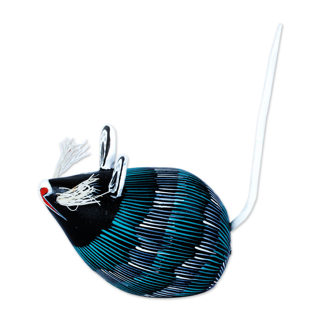Turquoise and Black Mouse Alebrije Figure Signed by Artisans - Little Black Mouse Perez