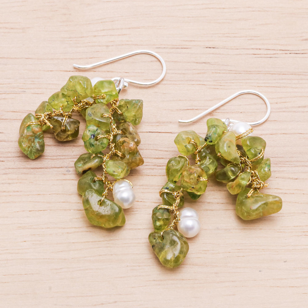 Peridot and Cultured Freshwater Pearl Dangle Earrings - Peridot Sea