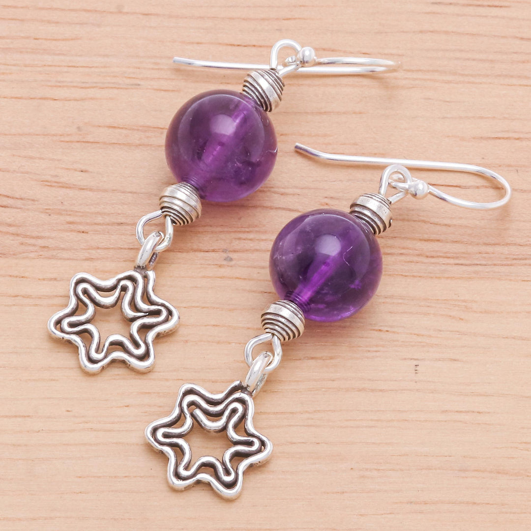Amethyst Dangle Earrings with Star Motif - Center Stage in Purple