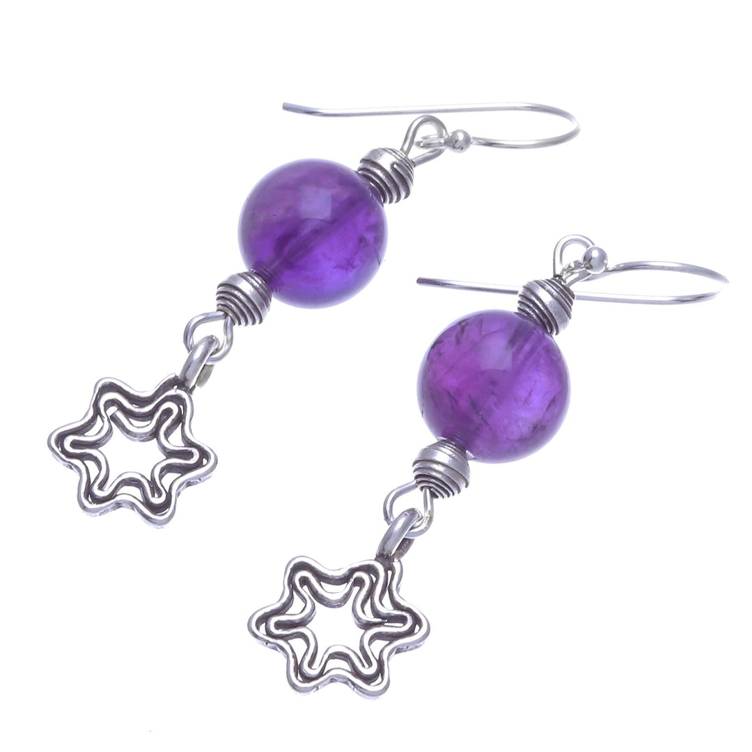 Amethyst Dangle Earrings with Star Motif - Center Stage in Purple