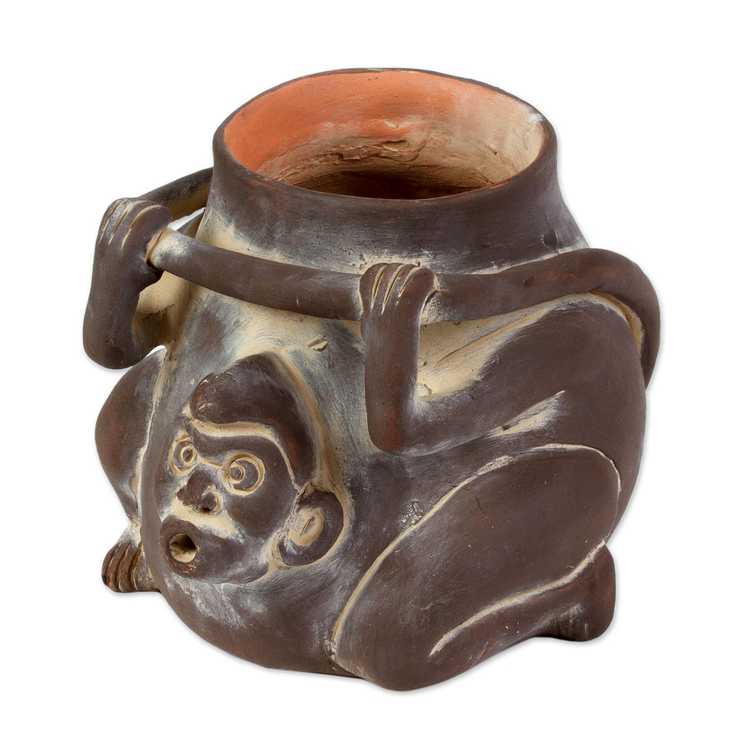 Ceramic Monkey Shaped Jar Replica in Brown from Mexico - Monkeyshines