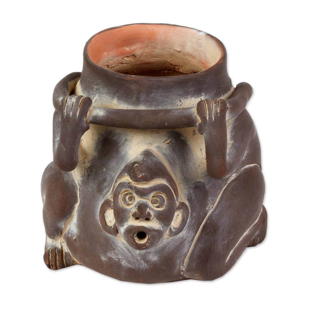 Ceramic Monkey Shaped Jar Replica in Brown from Mexico - Monkeyshines