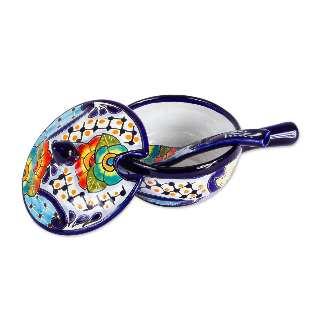 Mexican Talavera Style Covered Salsa Dish with Spoon - Raining Flowers