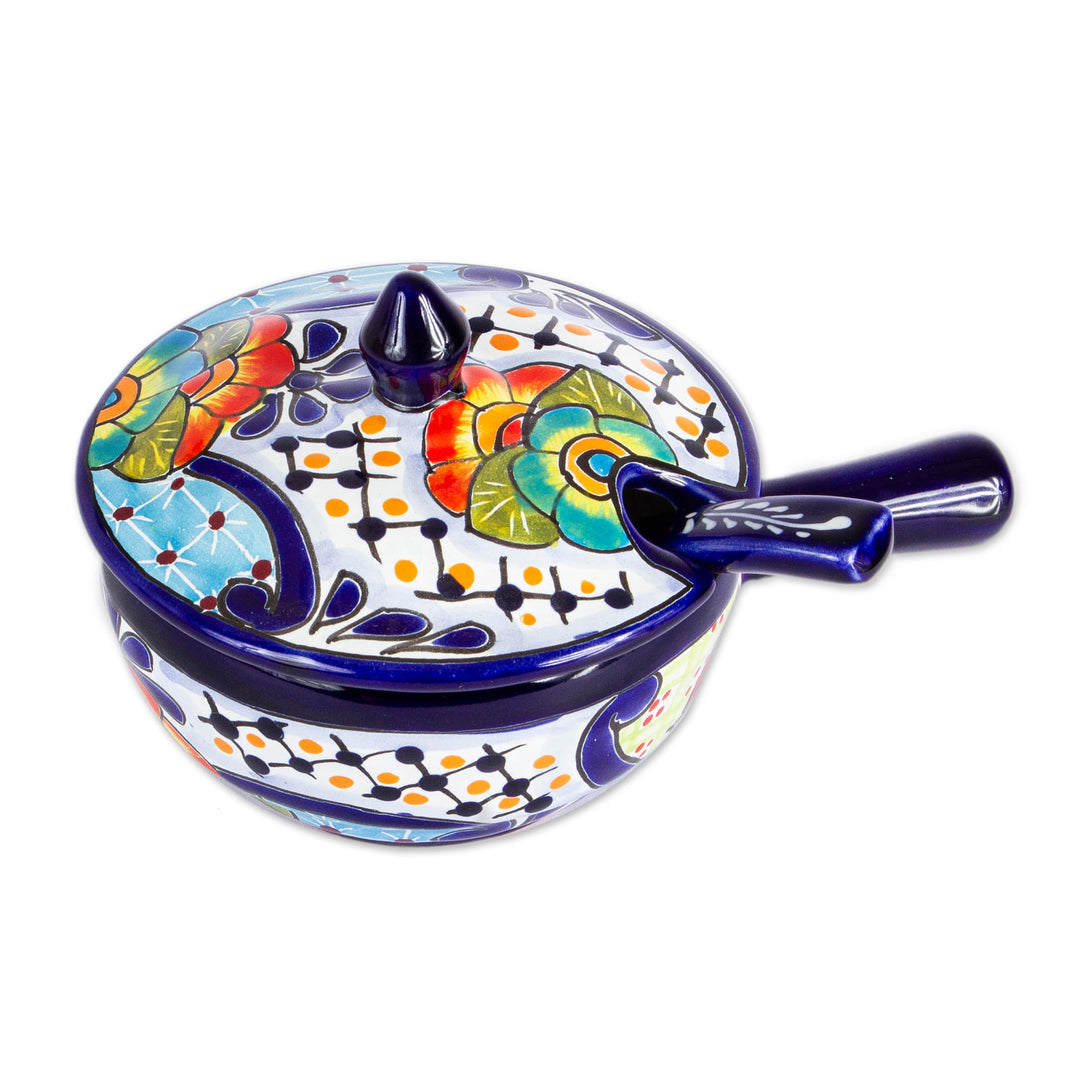 Mexican Talavera Style Covered Salsa Dish with Spoon - Raining Flowers