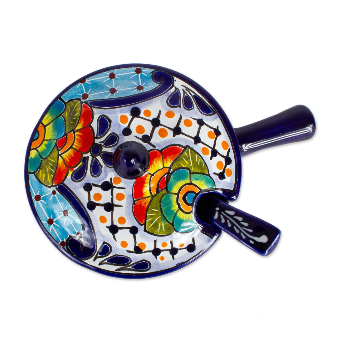 Mexican Talavera Style Covered Salsa Dish with Spoon - Raining Flowers