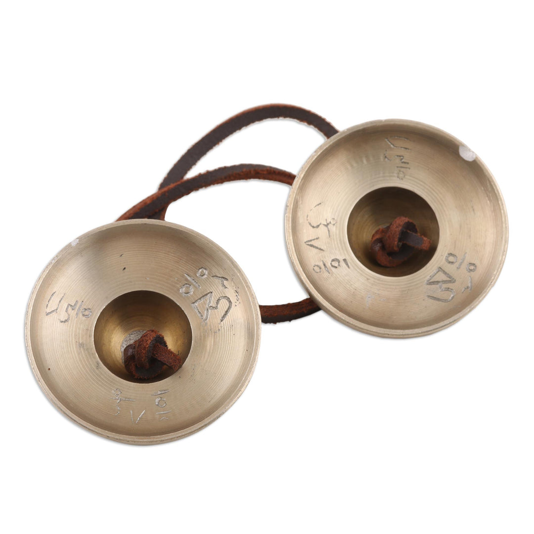 Leather Accented Brass Prayer Bells from India - Ritual Sound