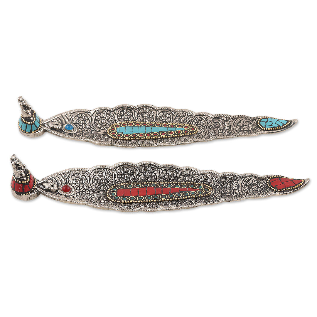Aluminum Incense Holders with Resin Tiles (Pair) - Ganesha's Glory