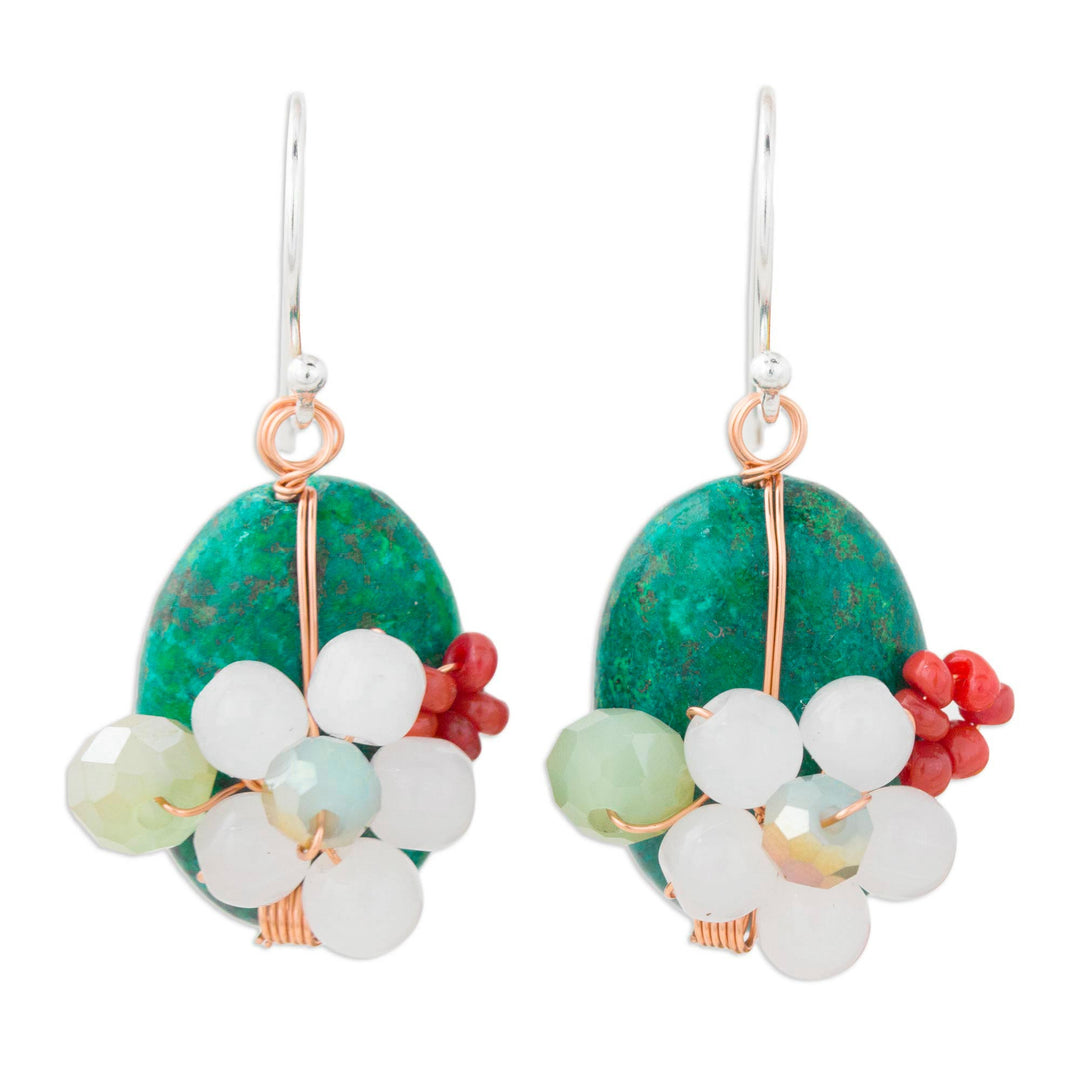Serpentine Quartz and Glass Bead Dangle Earrings with Copper - Garden Bliss in Teal