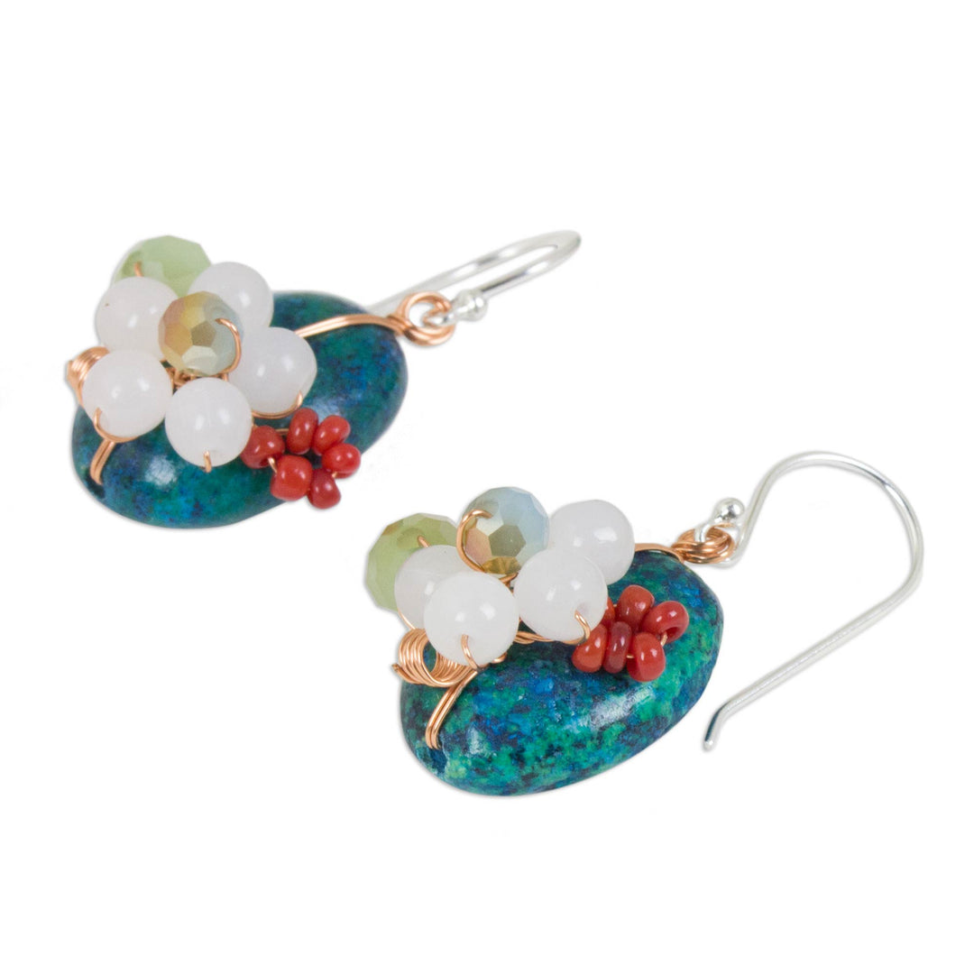 Serpentine Quartz and Glass Bead Dangle Earrings with Copper - Garden Bliss in Teal