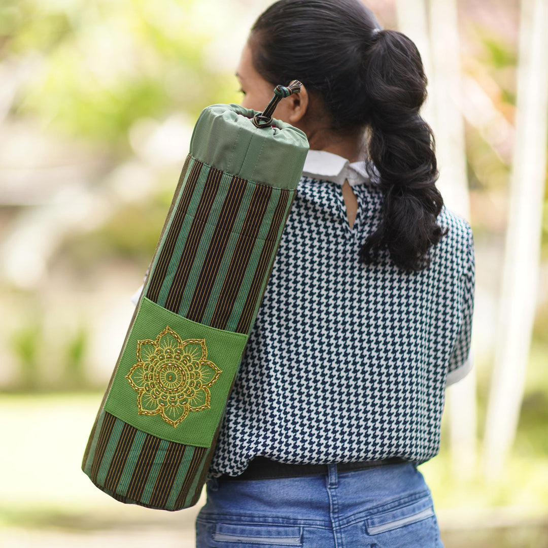 Green Ikat Cotton Yoga Mat Carrier from Java - Large Striped Mandala