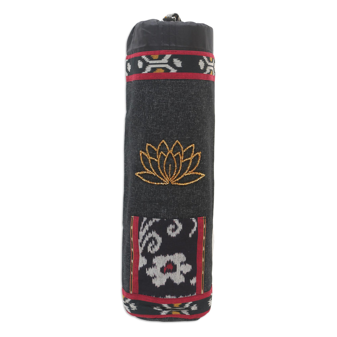 Ikat Cotton Yoga Mat Carrier with Glass Bead Accent - Large Lotus Lagoon in Black