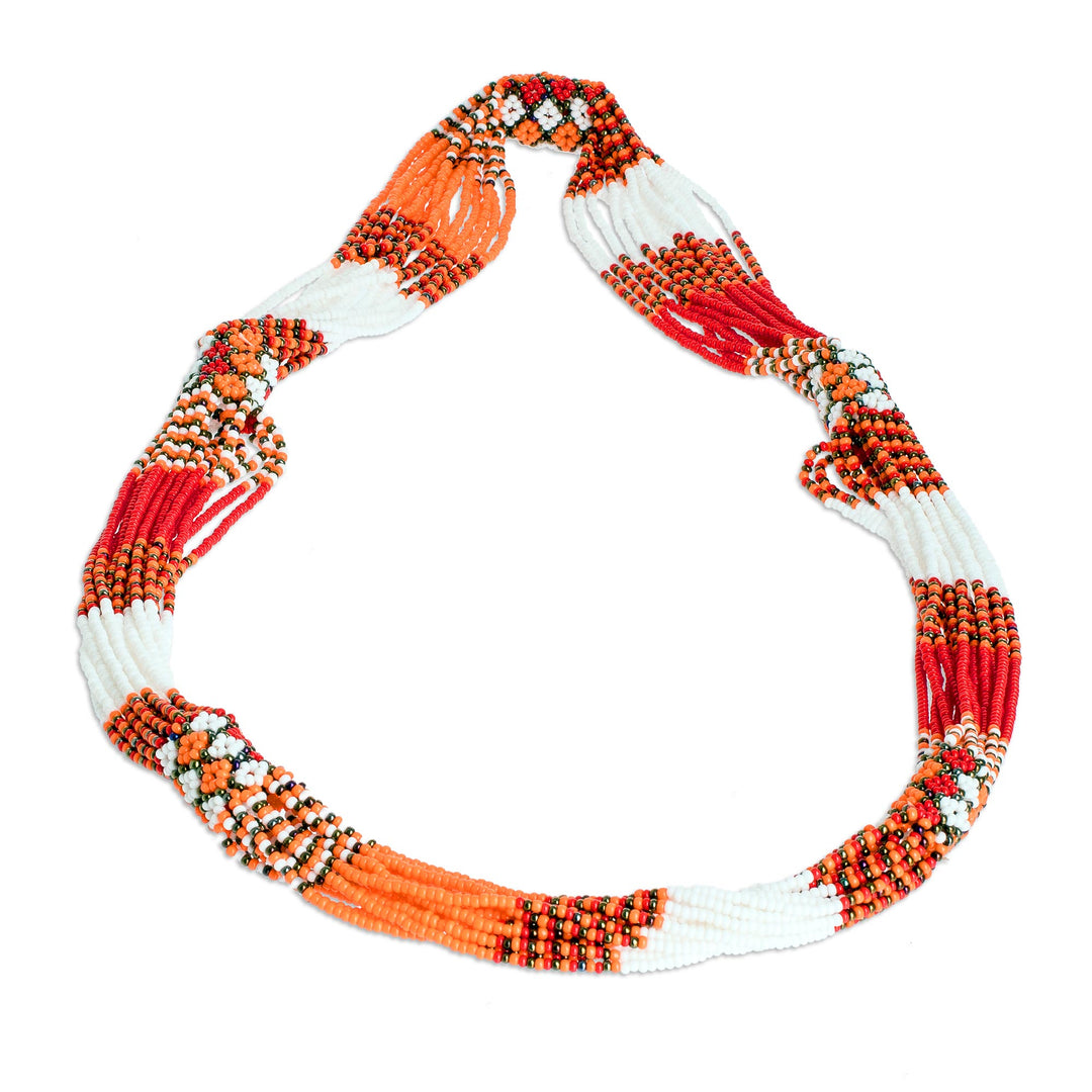 Multi-Strand Glass Beaded Long Necklace in Reds and Oranges - Guatemalan Sun