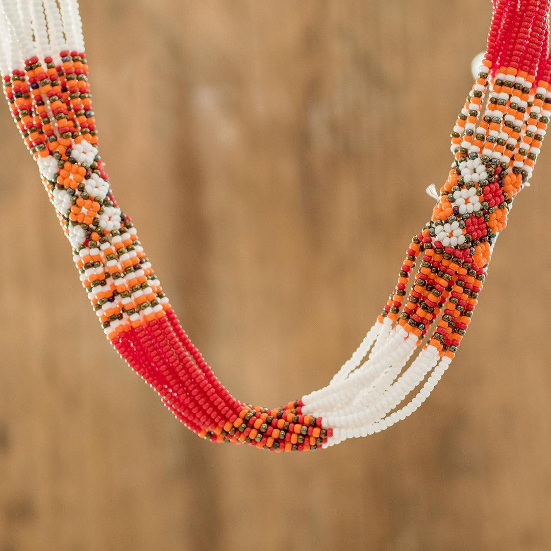 Multi-Strand Glass Beaded Long Necklace in Reds and Oranges - Guatemalan Sun