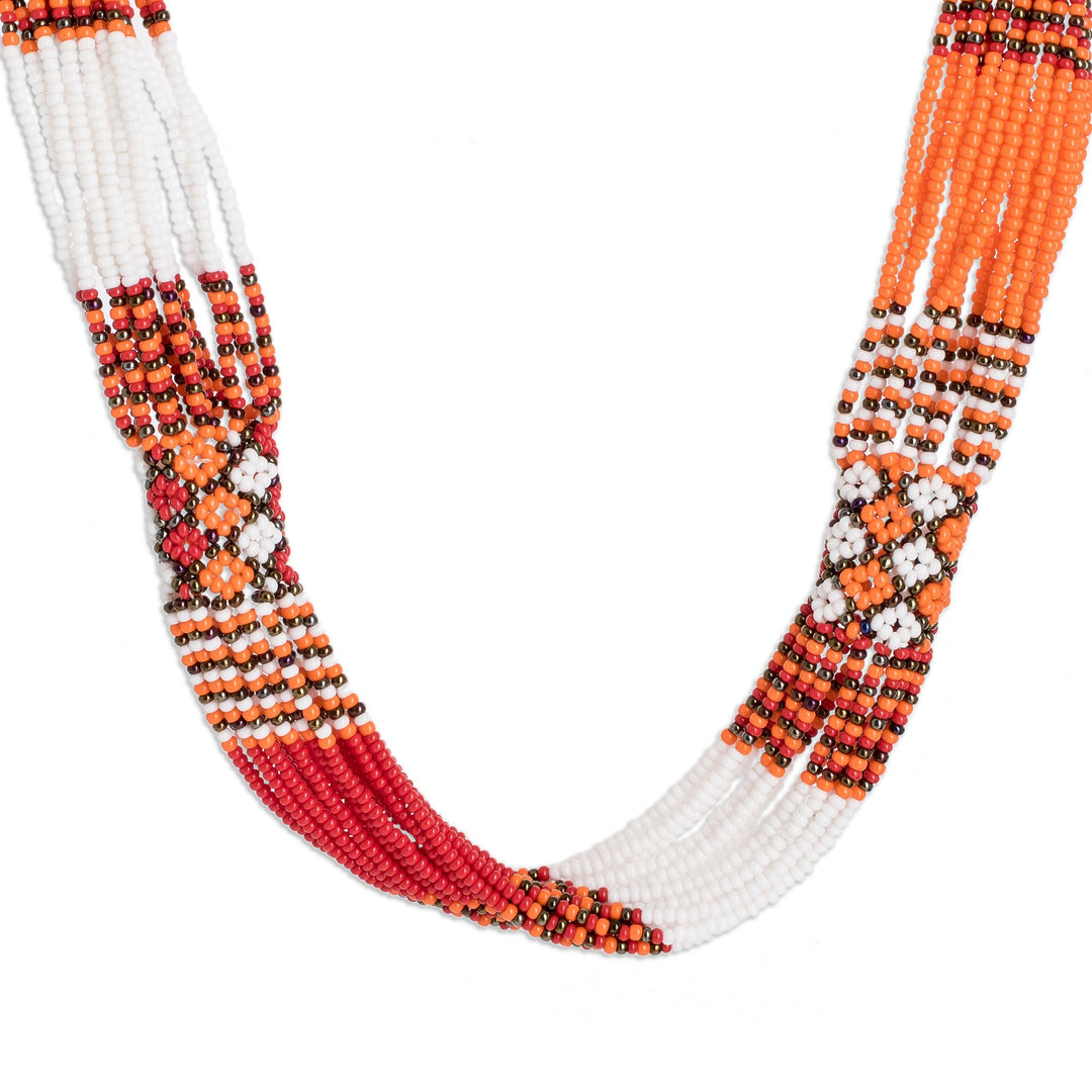 Multi-Strand Glass Beaded Long Necklace in Reds and Oranges - Guatemalan Sun