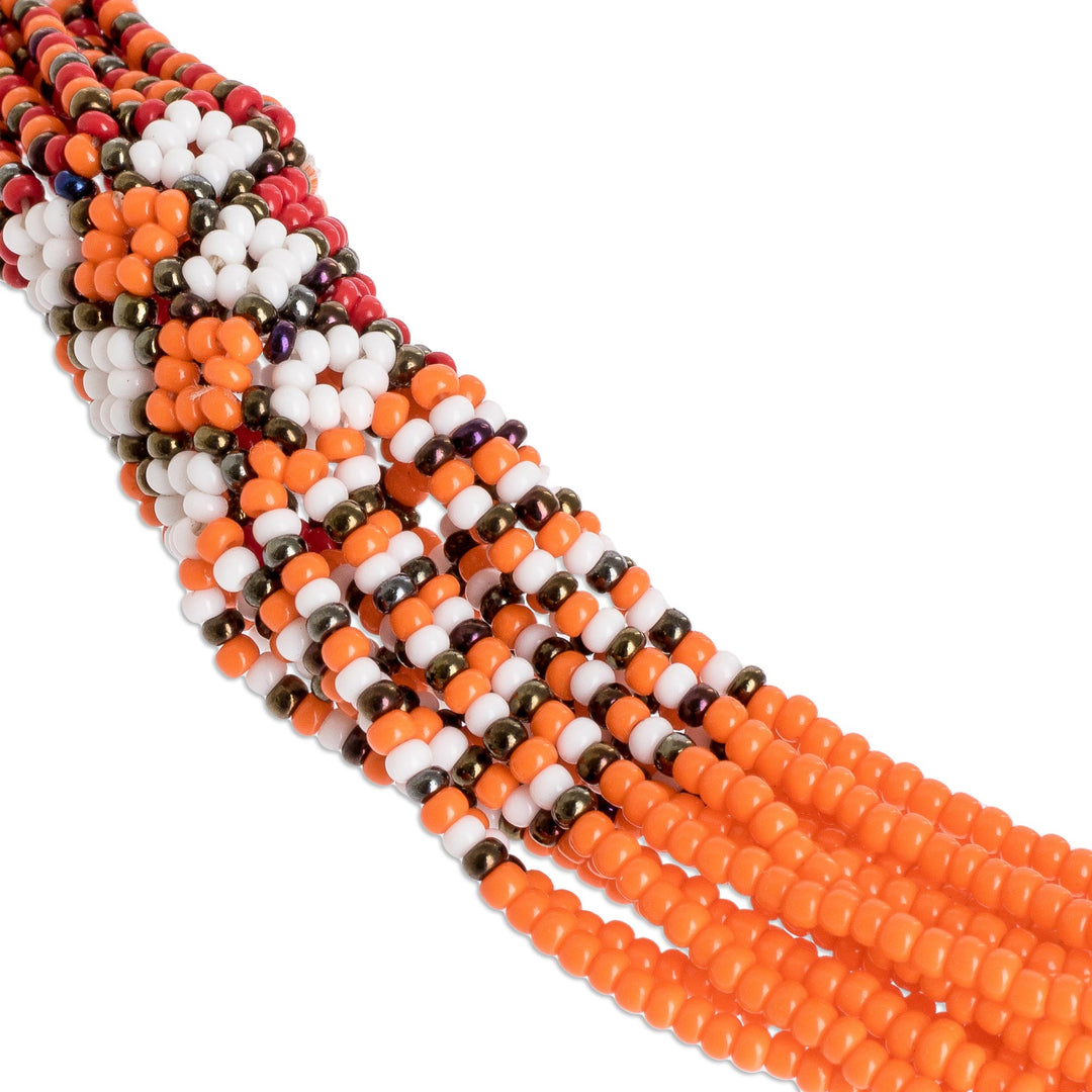 Multi-Strand Glass Beaded Long Necklace in Reds and Oranges - Guatemalan Sun