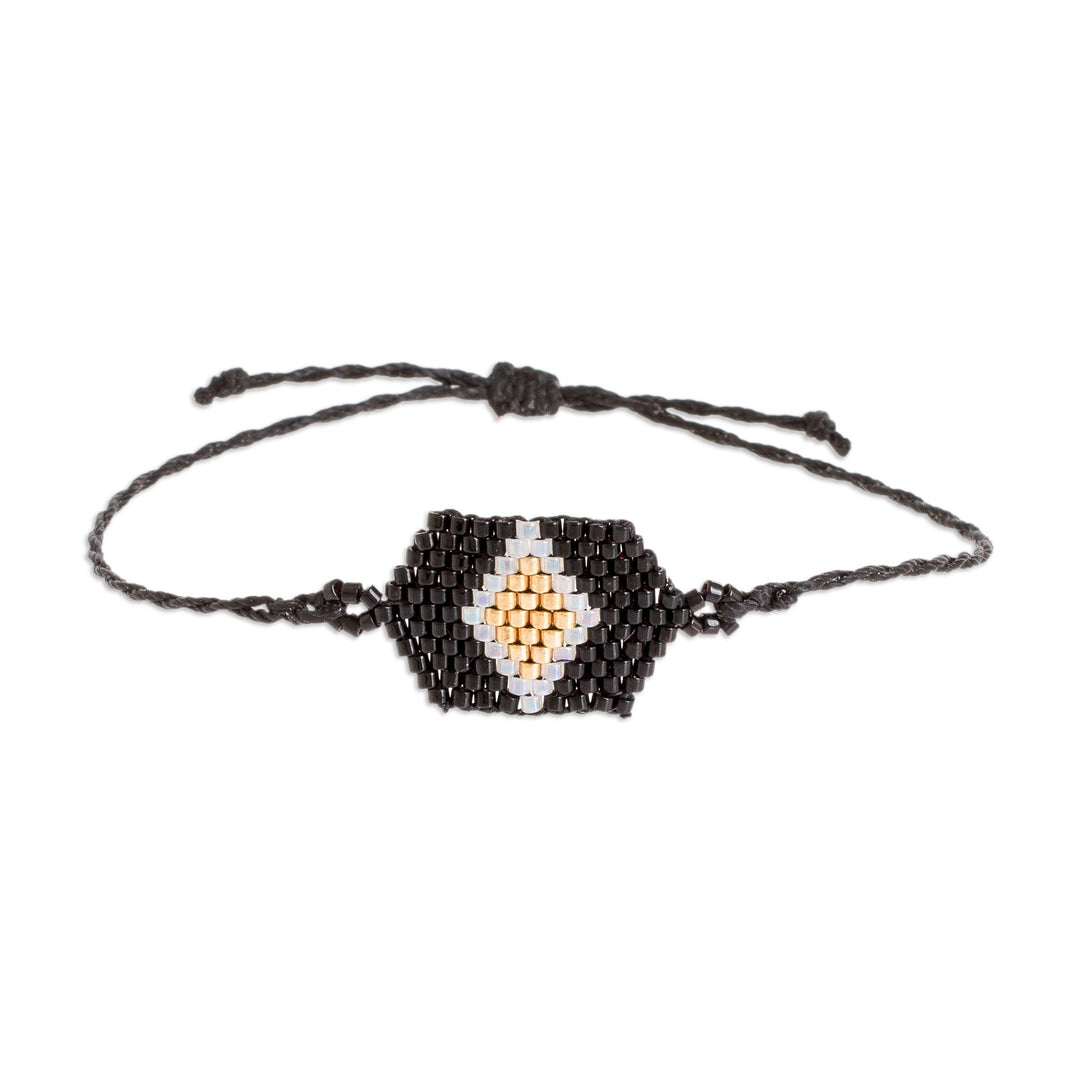 Black Unisex Glass Beaded Diamond Patterned Bracelet - Black and Gold Diamond