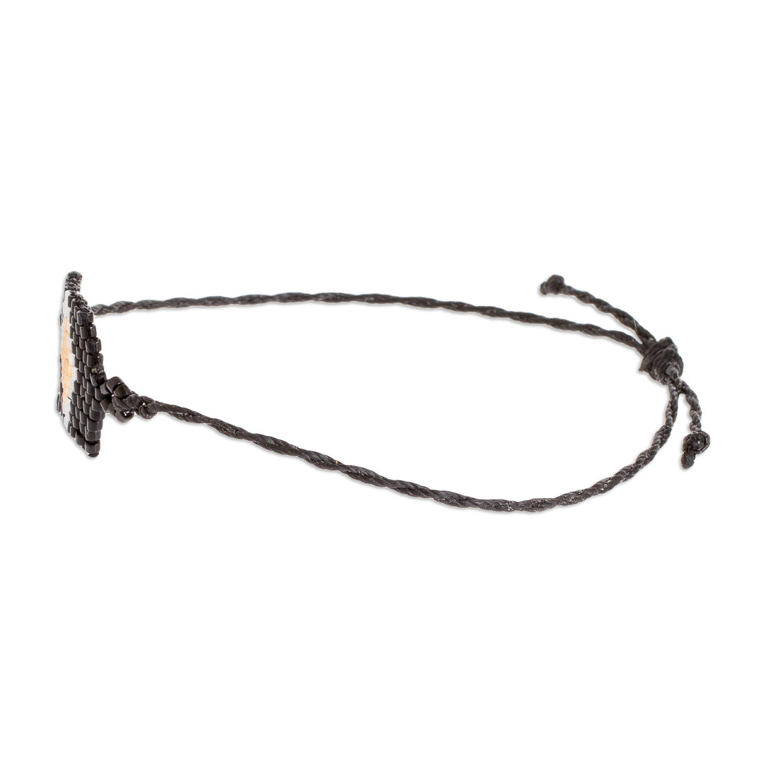 Black Unisex Glass Beaded Diamond Patterned Bracelet - Black and Gold Diamond