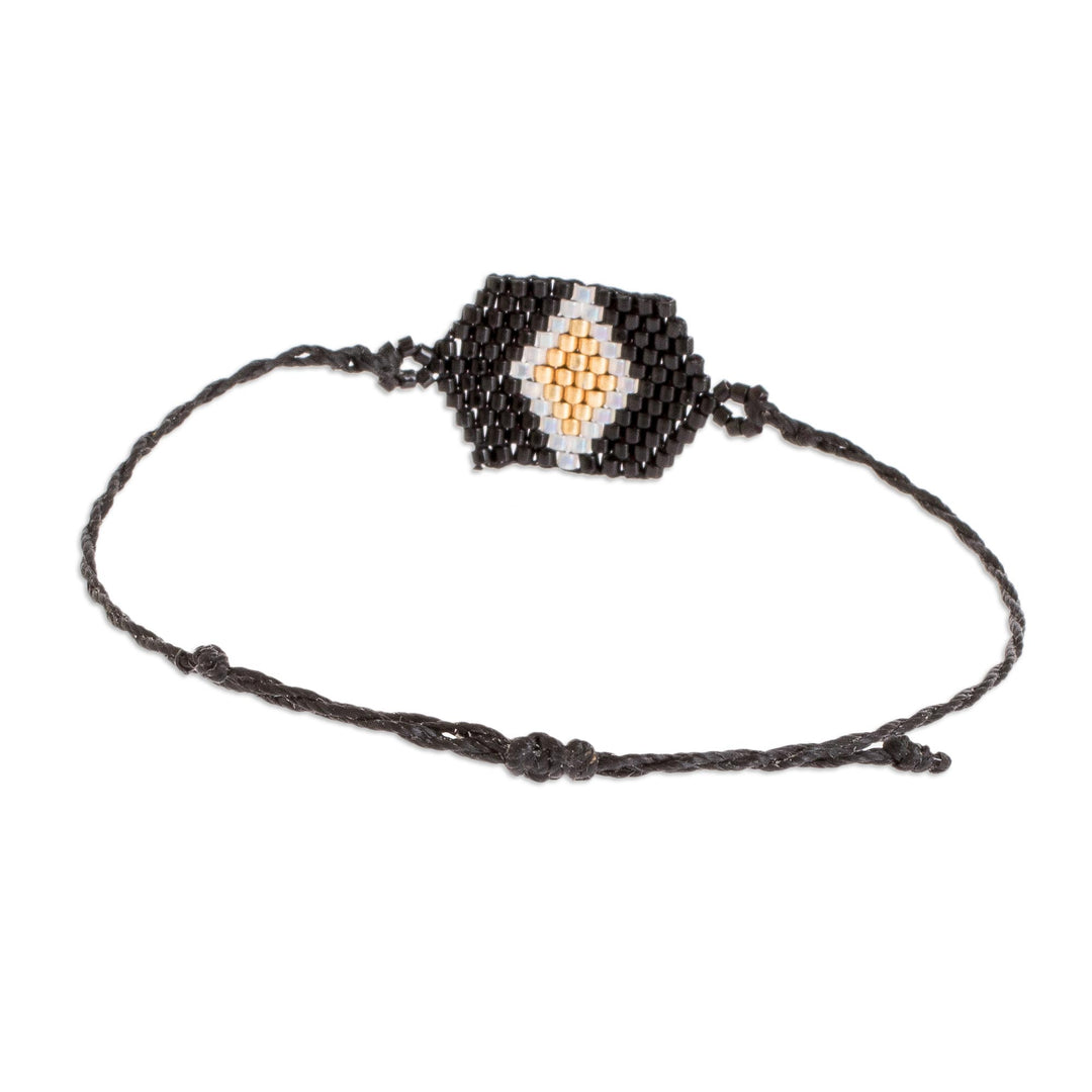 Black Unisex Glass Beaded Diamond Patterned Bracelet - Black and Gold Diamond