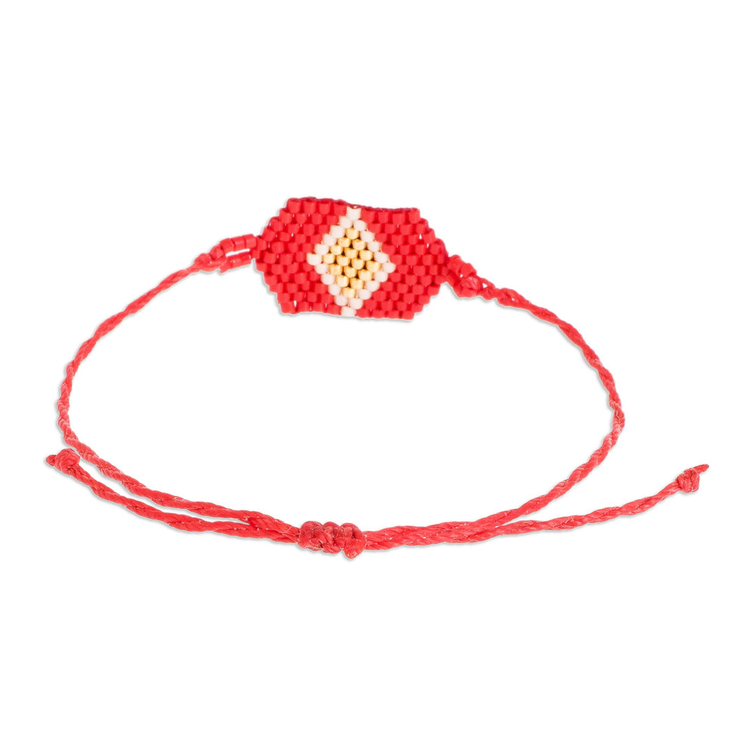 Red and Gold Unisex Glass Beaded Diamond patterned Bracelet - Red and Gold Diamond