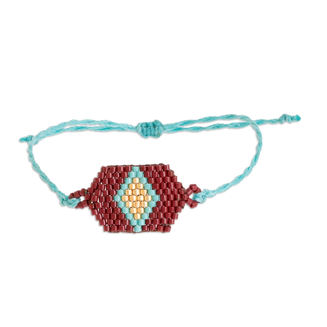 Red and Blue Unisex Glass Beaded Diamond Patterned Bracelet - Russet and Blue Diamond