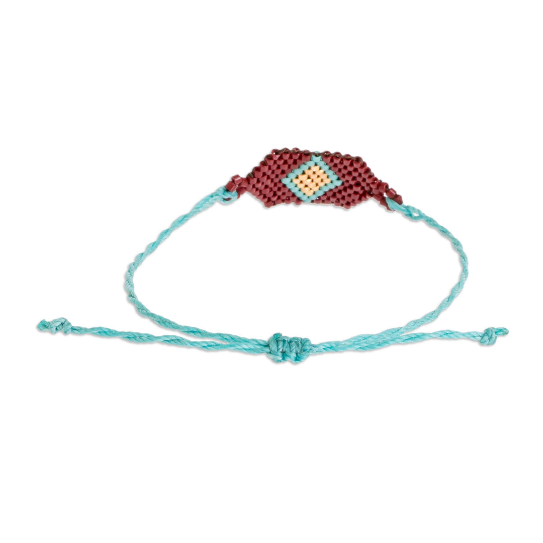 Red and Blue Unisex Glass Beaded Diamond Patterned Bracelet - Russet and Blue Diamond