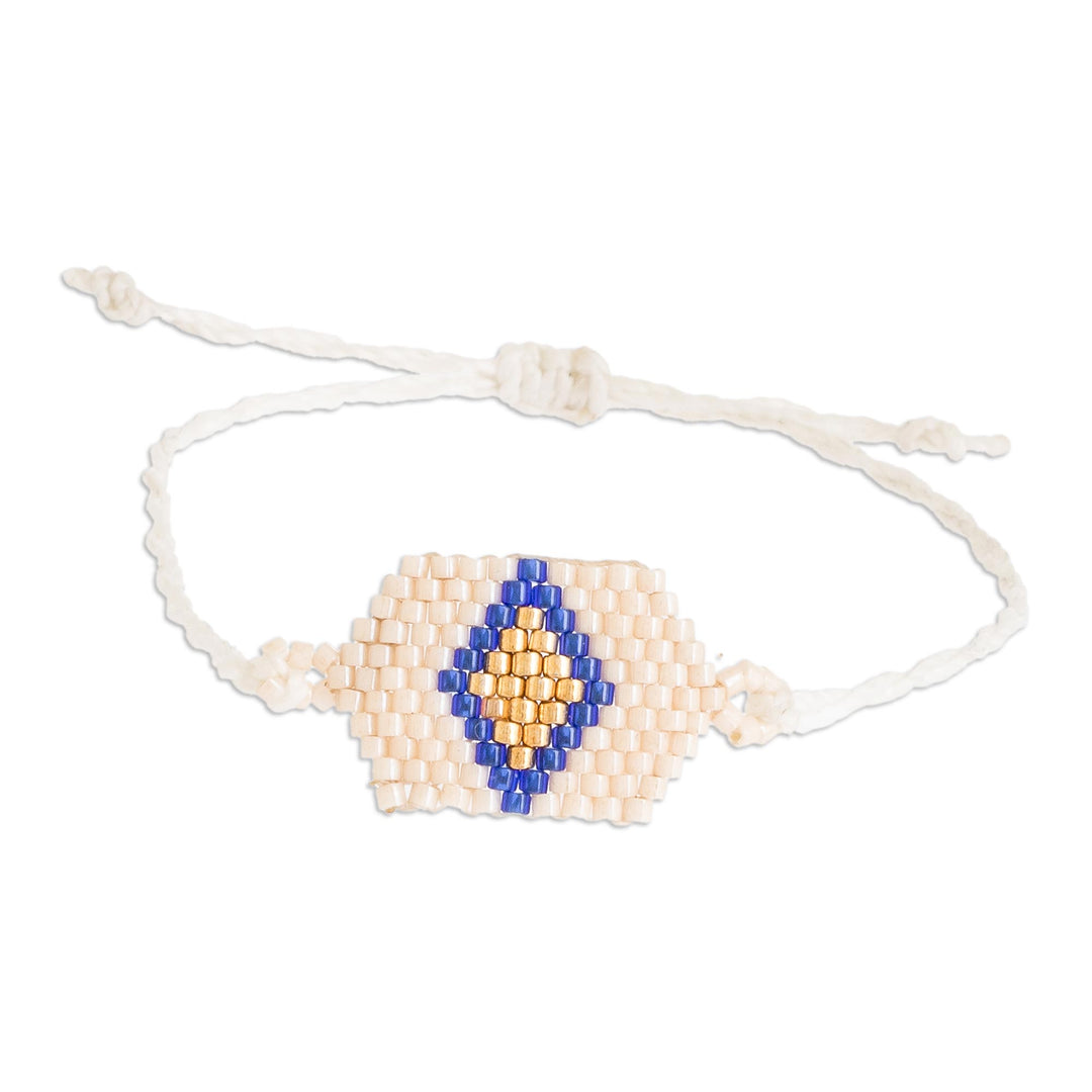 White Unisex Glass Beaded Diamond Patterned Bracelet - White and Gold Diamond