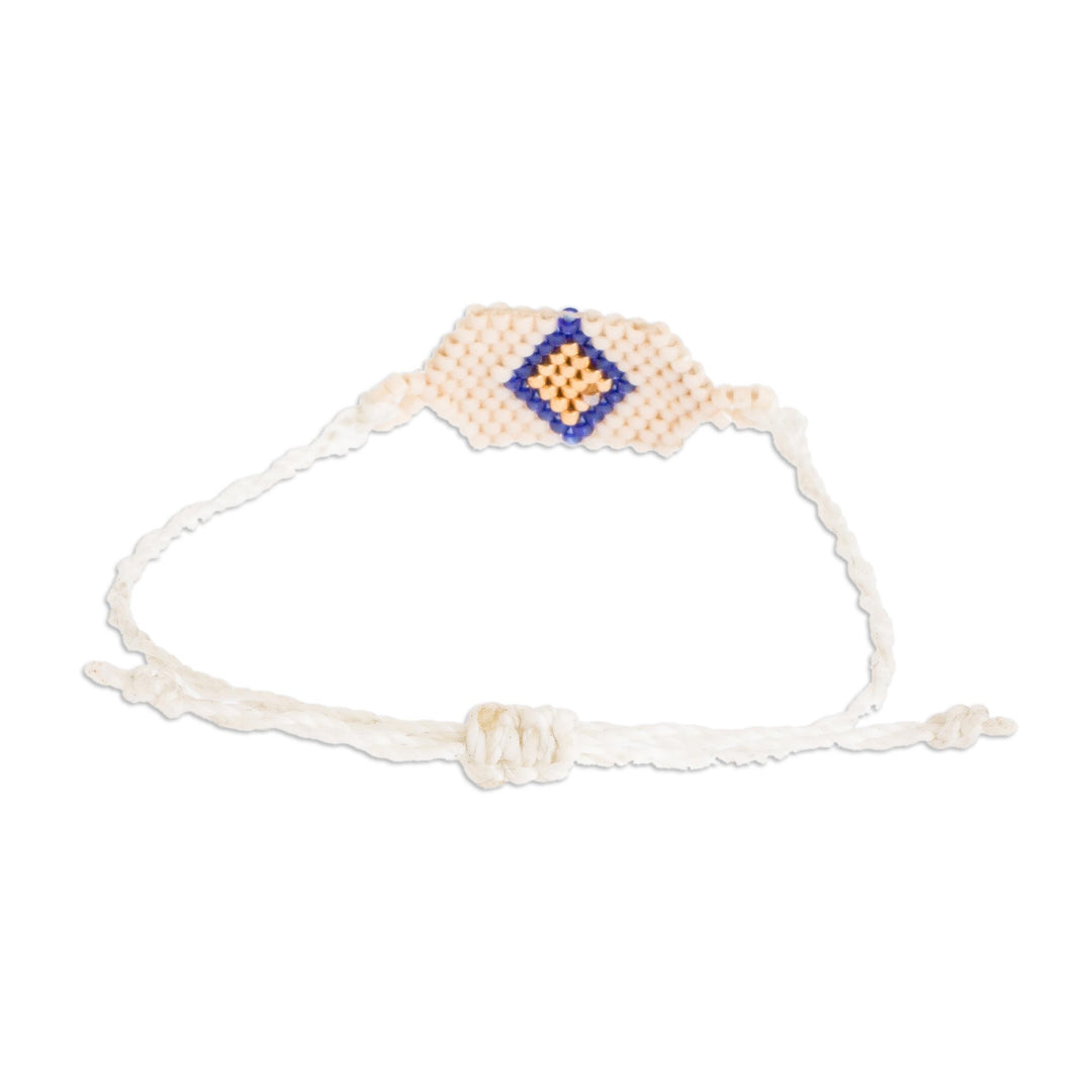 White Unisex Glass Beaded Diamond Patterned Bracelet - White and Gold Diamond