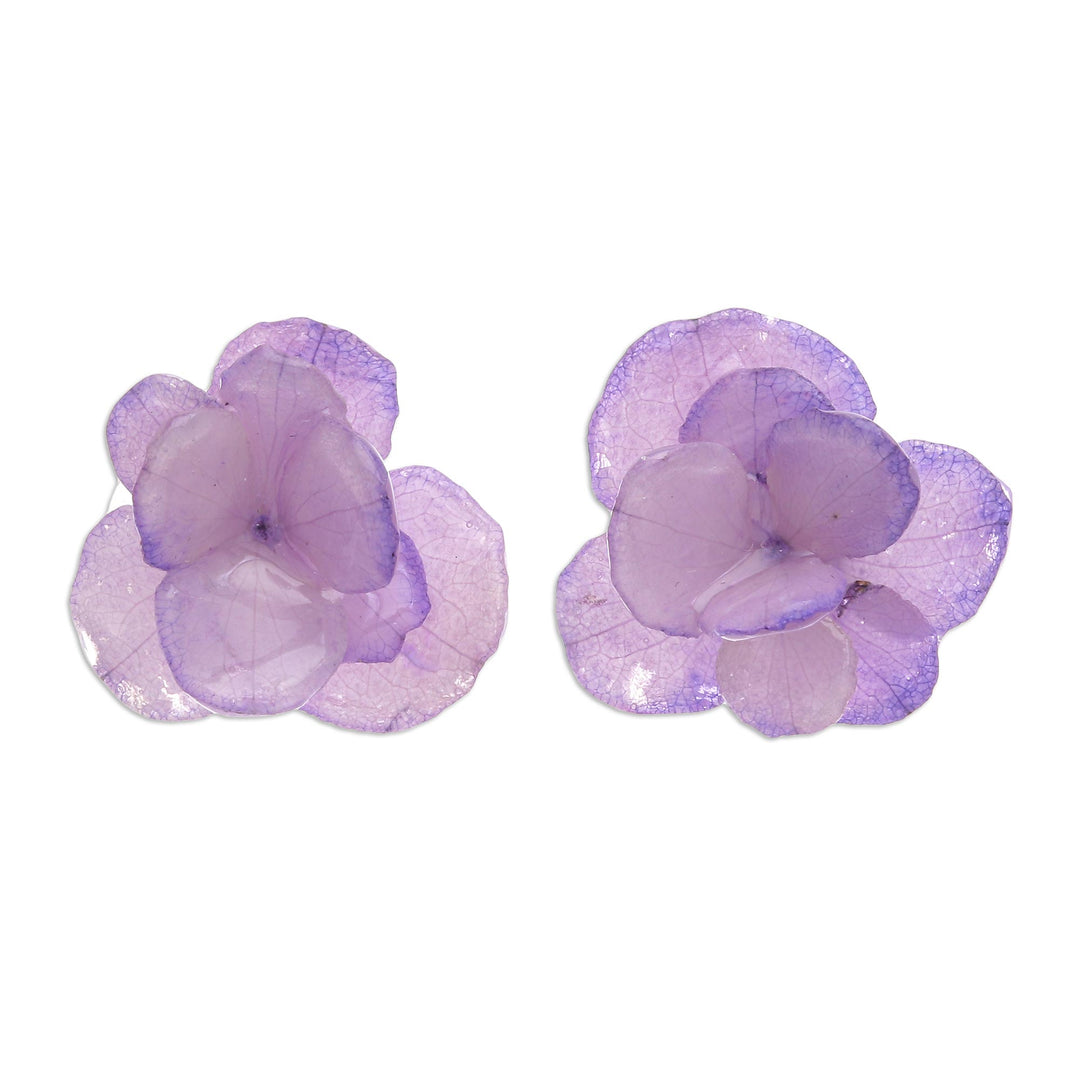 Thai Resin Coated Purple Hydrangea Bloom Post Earrings - Purple Hydrangea
