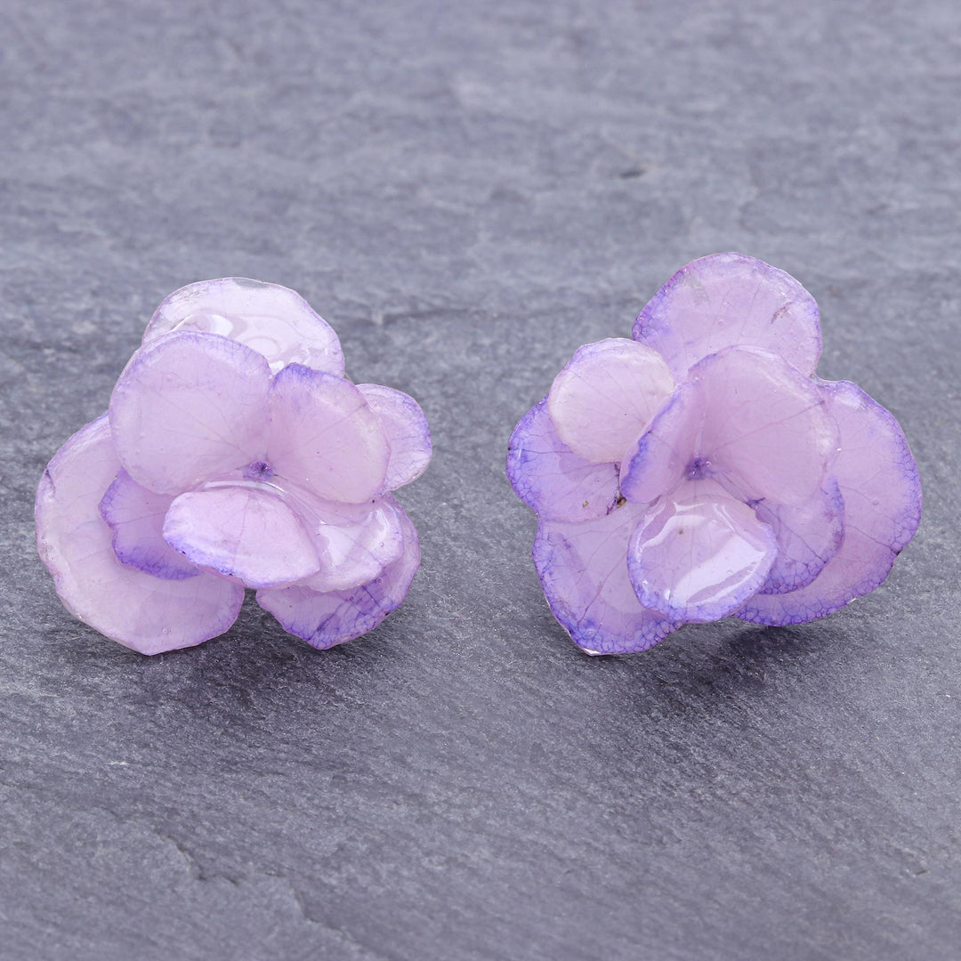 Thai Resin Coated Purple Hydrangea Bloom Post Earrings - Purple Hydrangea