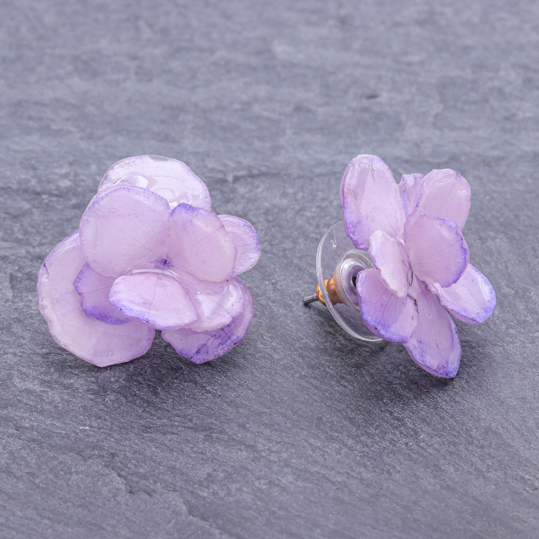 Thai Resin Coated Purple Hydrangea Bloom Post Earrings - Purple Hydrangea