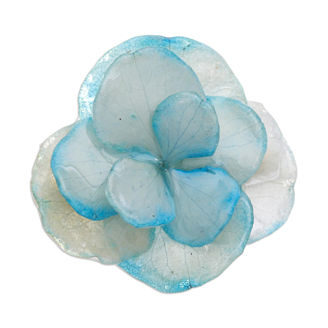 Thai Resin Coated Natural Blue Hydrangea Brooch Pin - Pale Blue Hydrangea