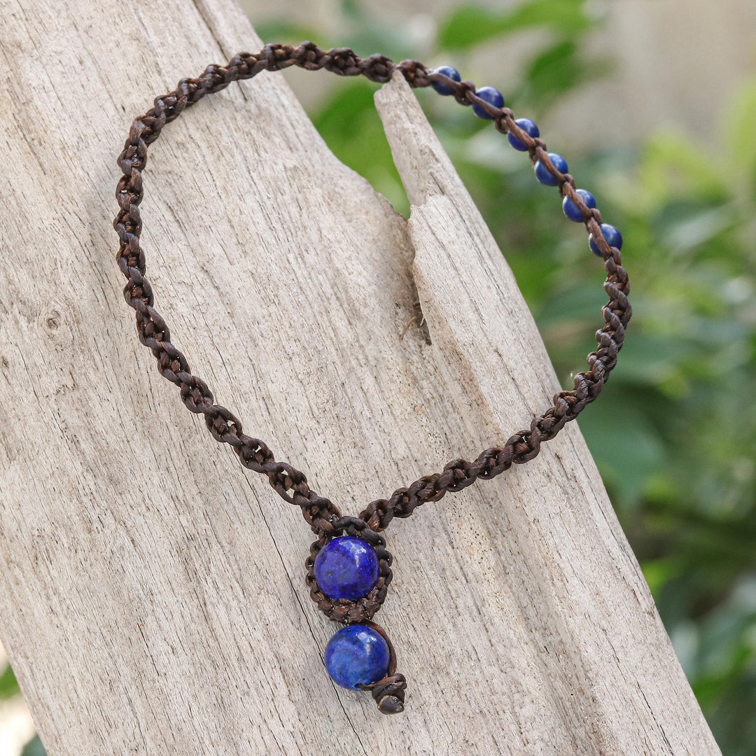 Blue Lapis Lazuli Beaded Macrame Ankle with Beaded Closure - Thai Beach Chic in Blue