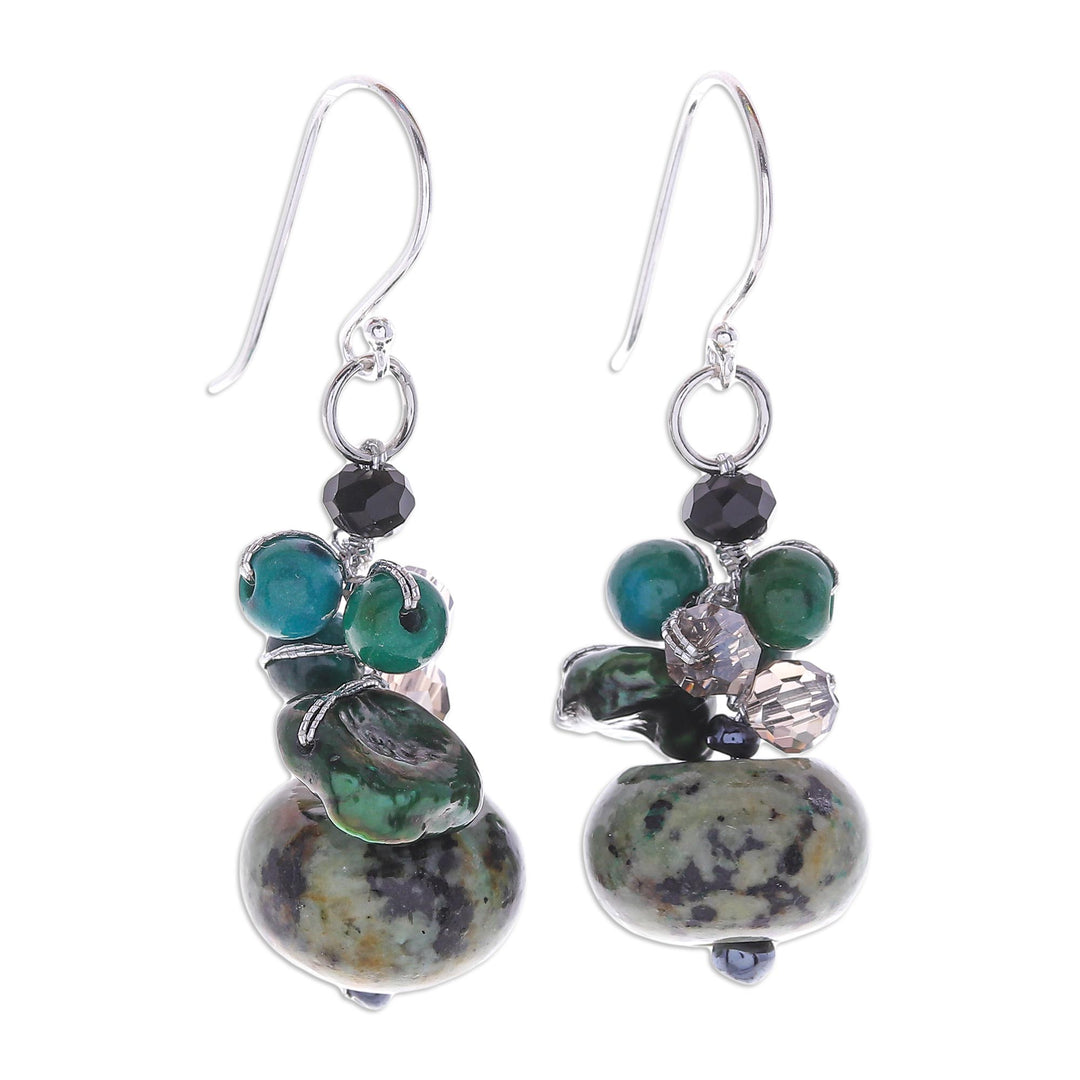 Multi Gemstone Dappled Green Beaded Dangle Earrings - Spring Moss