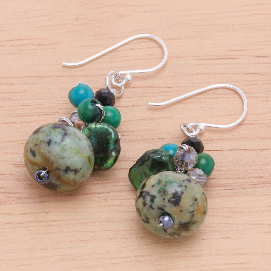 Multi Gemstone Dappled Green Beaded Dangle Earrings - Spring Moss