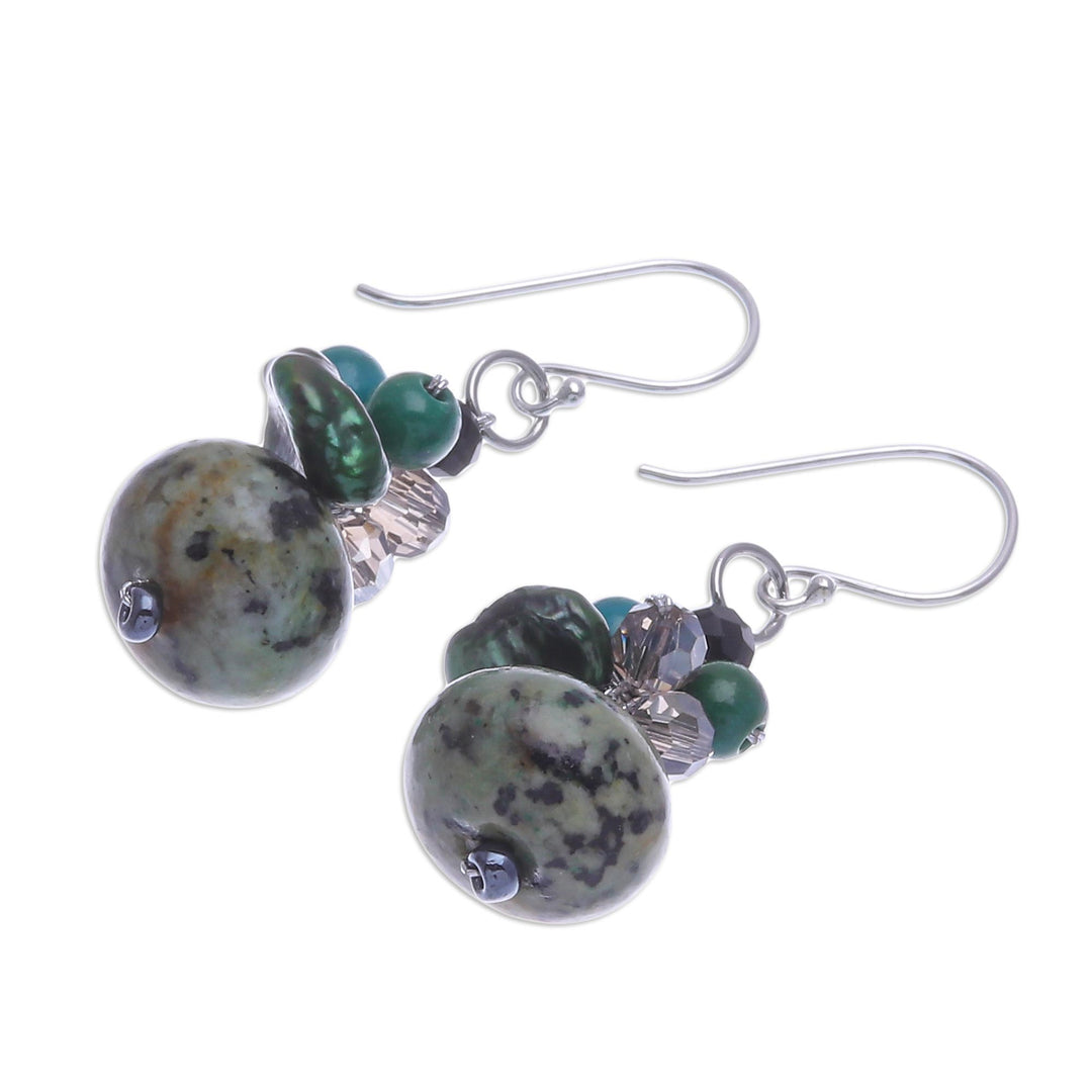 Multi Gemstone Dappled Green Beaded Dangle Earrings - Spring Moss