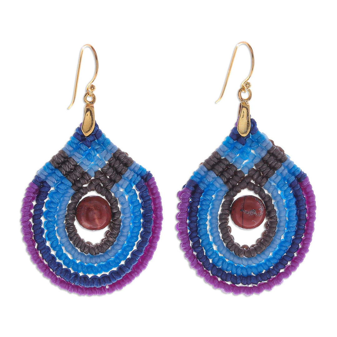 Blue and Purple Macrame Dangle Earrings with Jasper - Refracted Raindrop