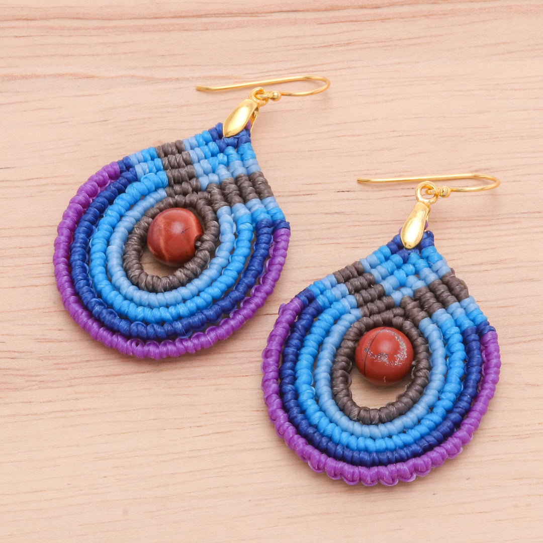 Blue and Purple Macrame Dangle Earrings with Jasper - Refracted Raindrop
