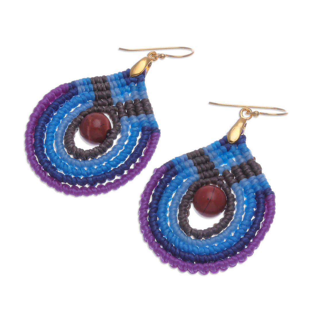 Blue and Purple Macrame Dangle Earrings with Jasper - Refracted Raindrop