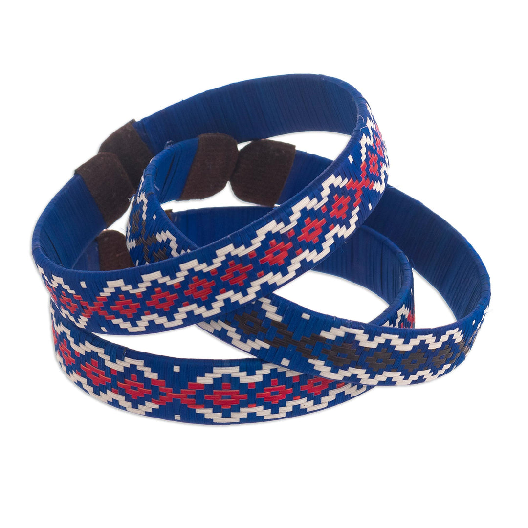 3 Blue Cuff Bracelets Woven with Colombian Cane Fiber - Azure Colombian Geometry