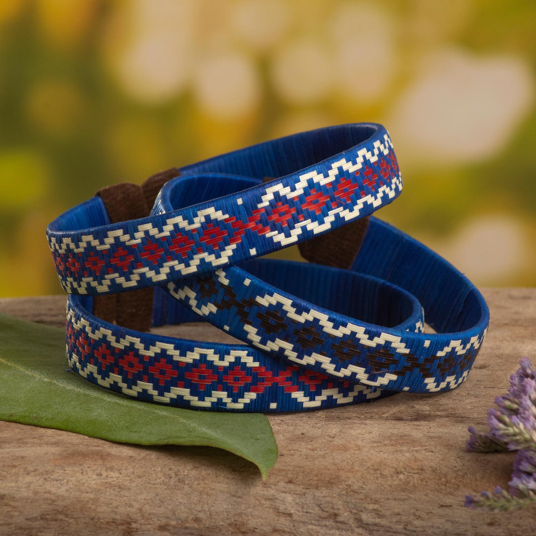 3 Blue Cuff Bracelets Woven with Colombian Cane Fiber - Azure Colombian Geometry