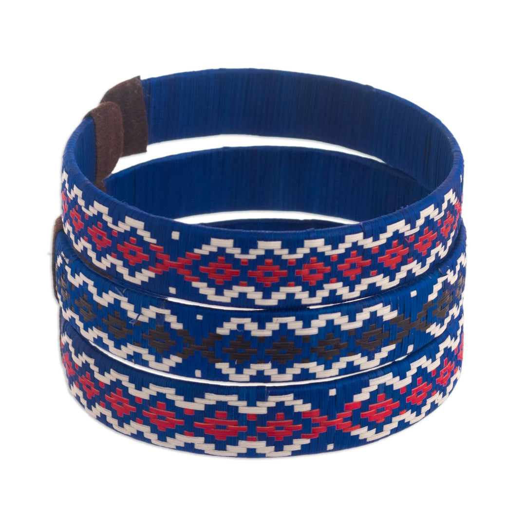 3 Blue Cuff Bracelets Woven with Colombian Cane Fiber - Azure Colombian Geometry