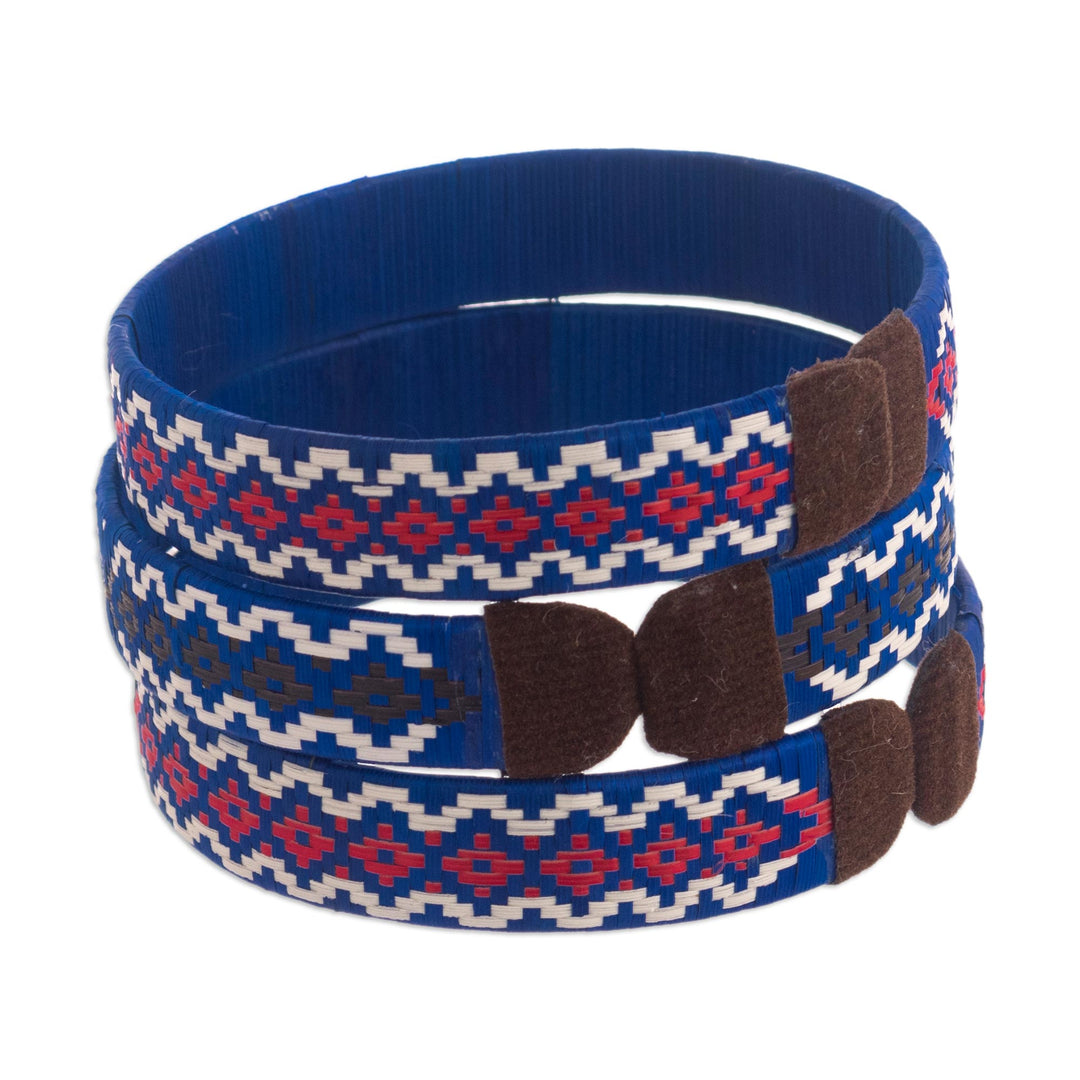 3 Blue Cuff Bracelets Woven with Colombian Cane Fiber - Azure Colombian Geometry