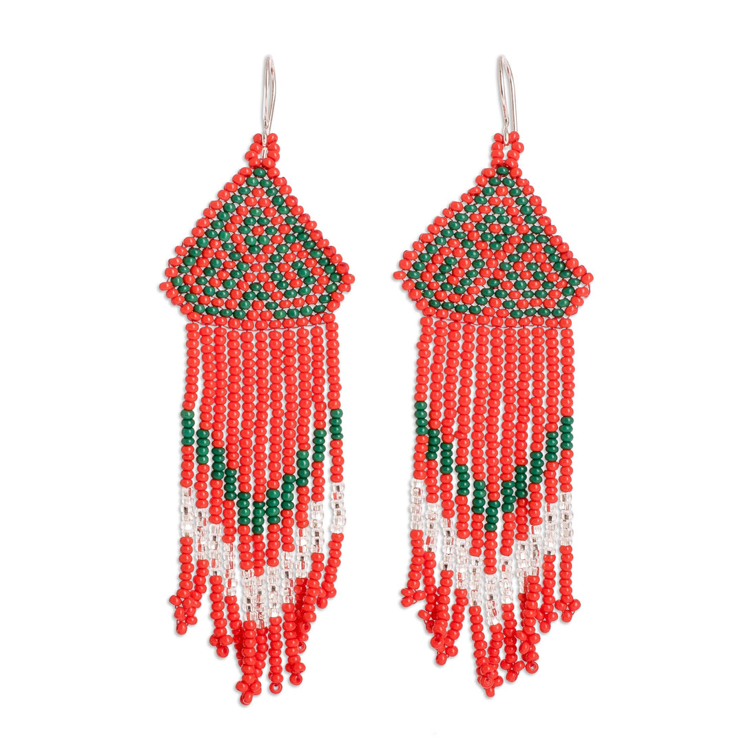 Handmade Red and Green Beaded Long Waterfall Earrings - Scarlet Pines