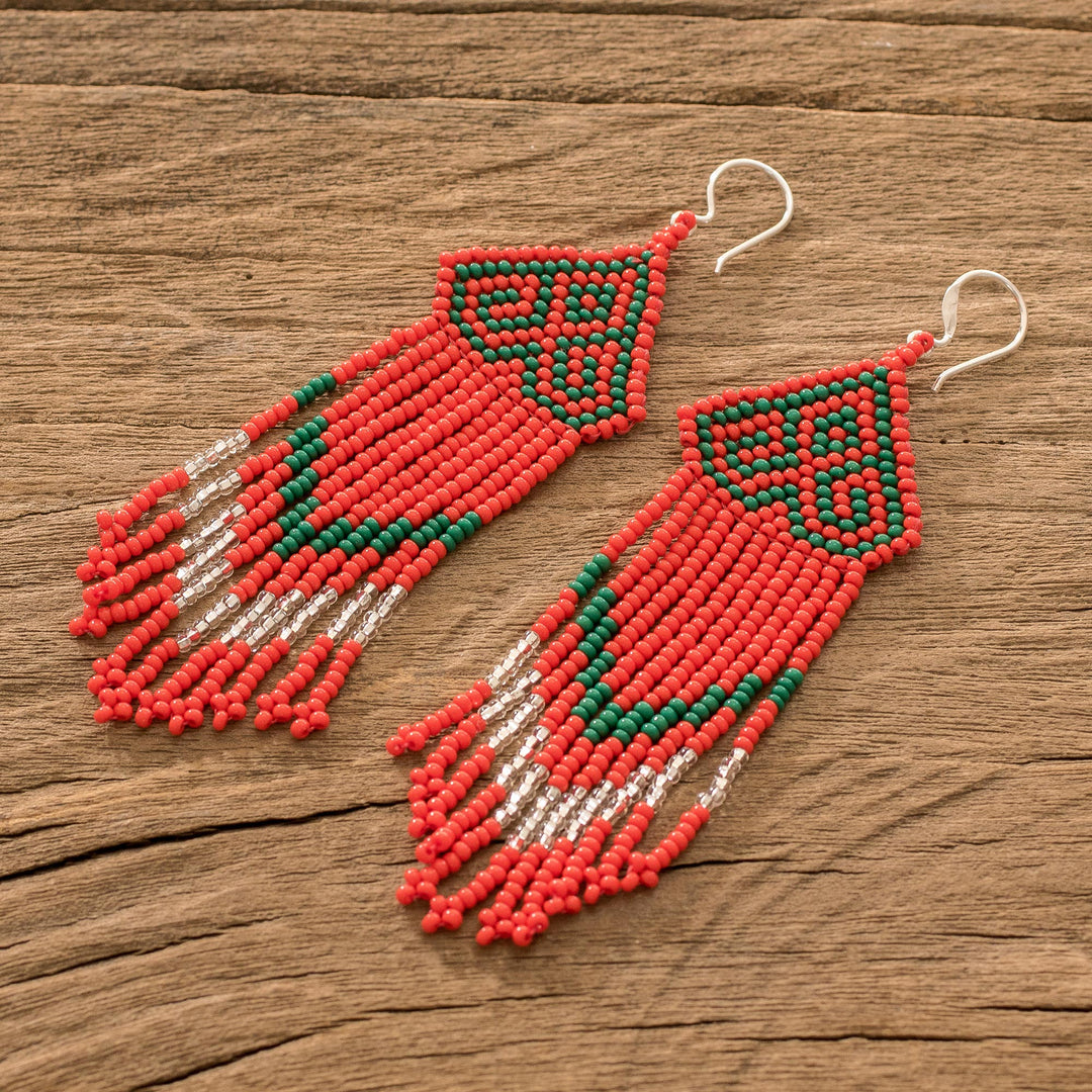 Handmade Red and Green Beaded Long Waterfall Earrings - Scarlet Pines
