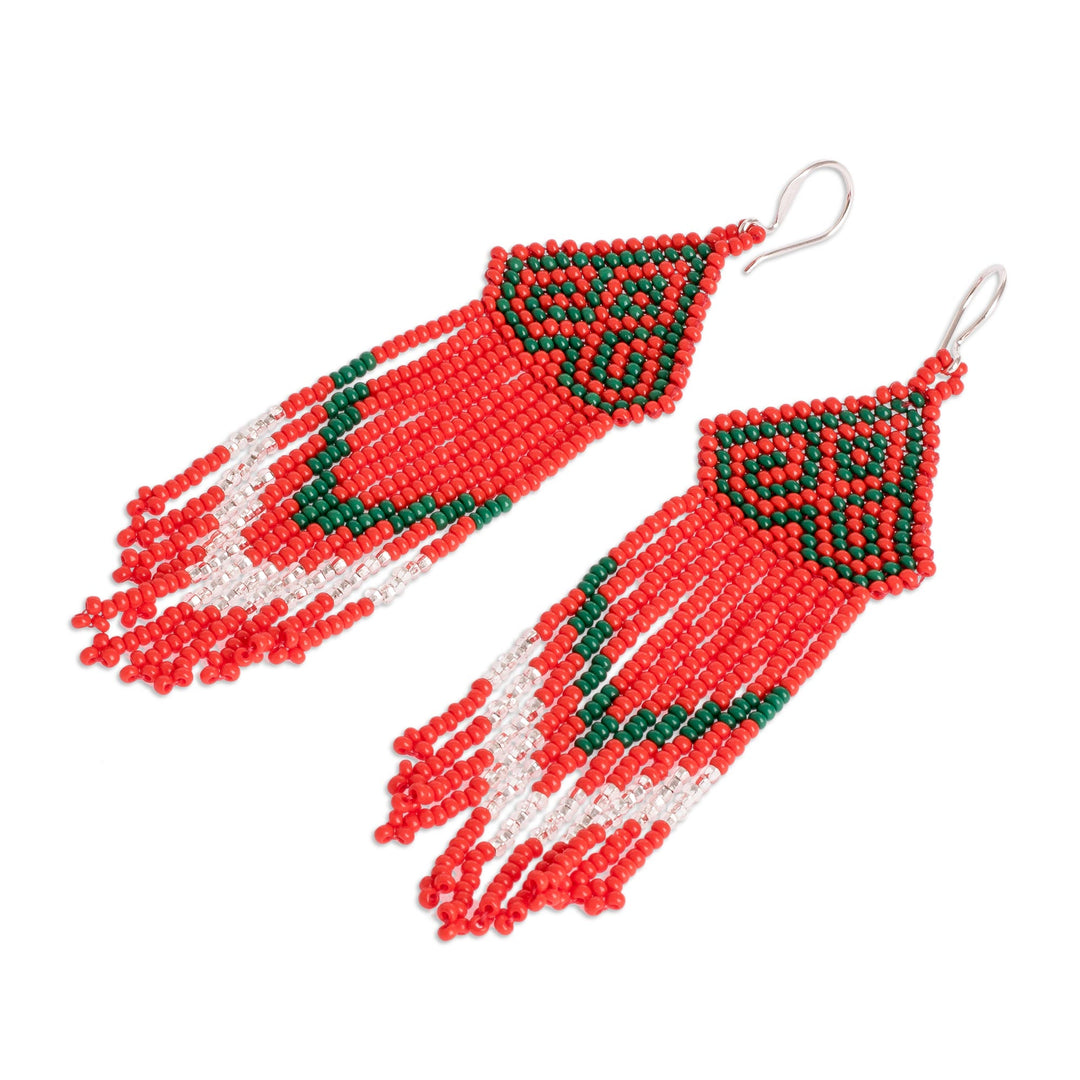 Handmade Red and Green Beaded Long Waterfall Earrings - Scarlet Pines